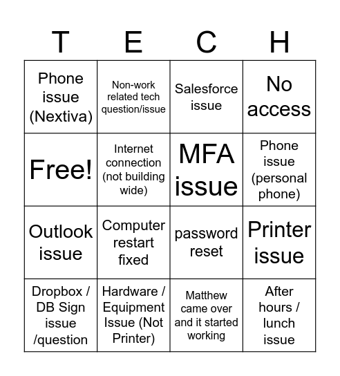 tech help bingo Card
