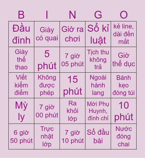 NỘI QUY HỌC SINH Bingo Card