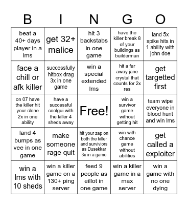 forsaken Bingo Card