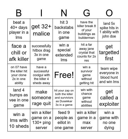 forsaken Bingo Card