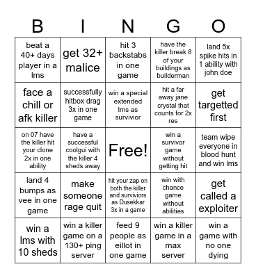 forsaken Bingo Card