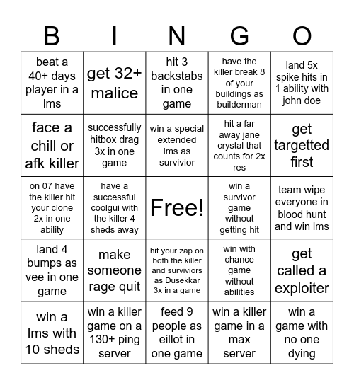 forsaken Bingo Card