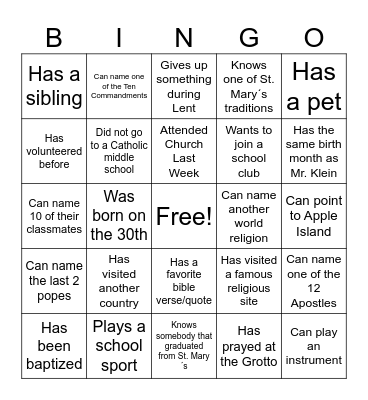 Religion Bingo Card