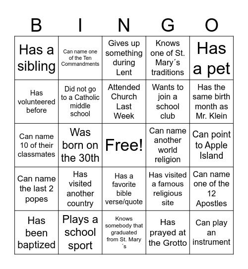 Religion Bingo Card