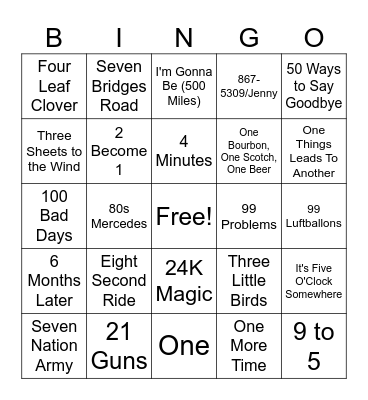 Numbers Game Bingo Card