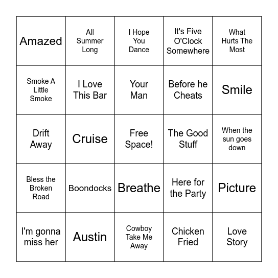 2000's Country Hits Bingo Card