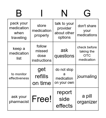 Medication Compliance Bingo Card