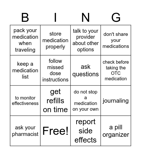Medication Compliance Bingo Card