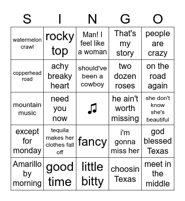 Country Western Bingo Card