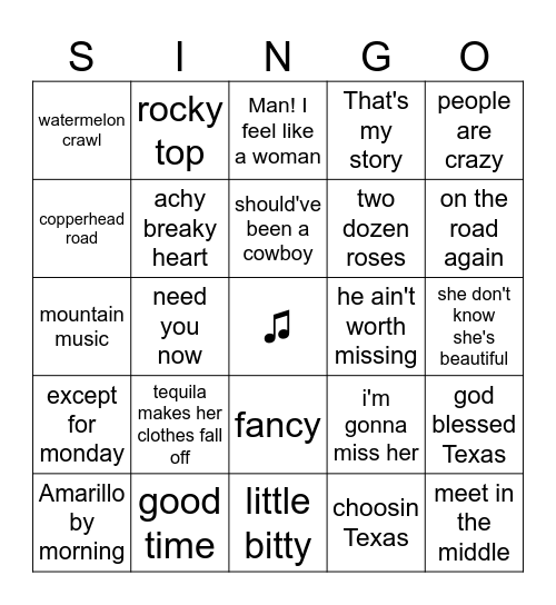 Country Western Bingo Card