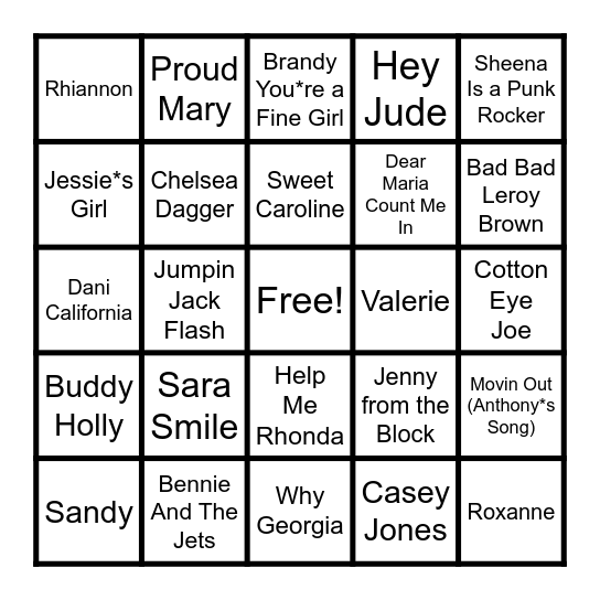 Songs With Names Bingo Card
