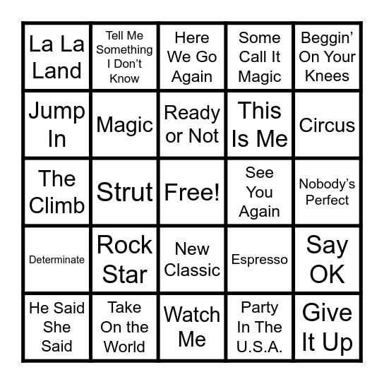 Disney Channel Girly Pop Bingo Card