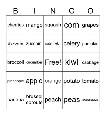 Fruits and Veggies Bingo Card