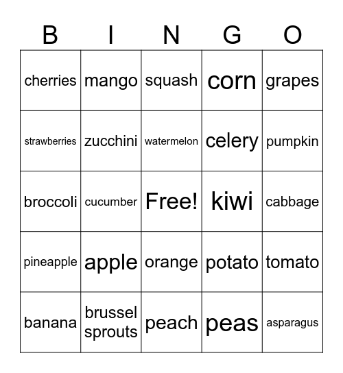Fruits and Veggies Bingo Card