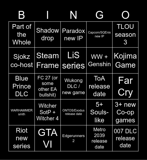 Gamescom Opening Night Live 2026 Bingo Card