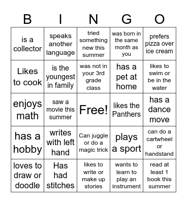 Welcome to Grade 4 - Find Someone Who Bingo! Bingo Card
