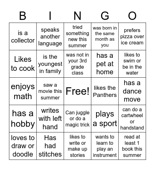 Welcome to Grade 4 - Find Someone Who Bingo! Bingo Card