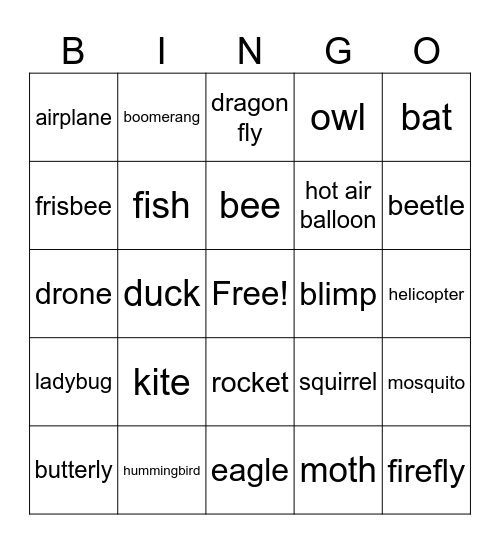 Things that Fly Bingo Card