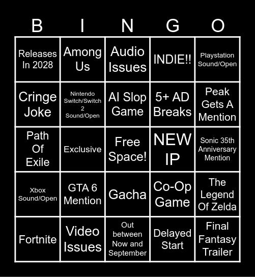 Gamescom: Opening Night Live (2026) Bingo Card