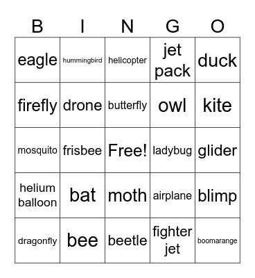 Things that Fly Bingo Card