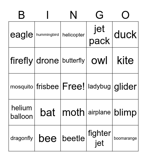 Things that Fly Bingo Card