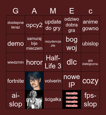 gejmskum bingo Card