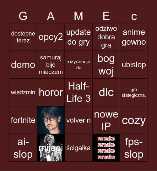 gejmskum bingo Card