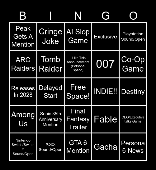 Gamescom: Opening Night Live (2026) Bingo Card