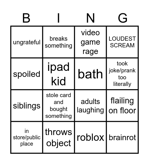 crash out kid bingo Card
