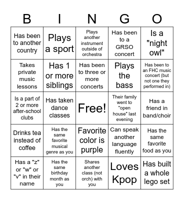 Get to Know You - Orchestra Edition Bingo Card