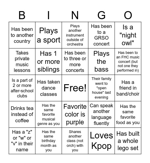 Get to Know You - Orchestra Edition Bingo Card