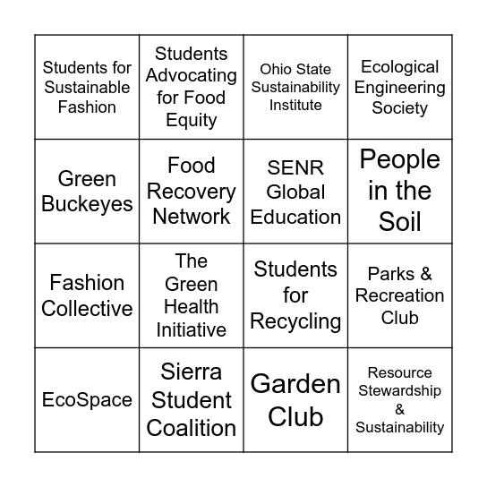 Sustainability Fair Bingo! Bingo Card