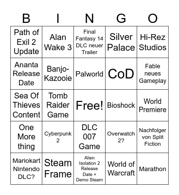 Gamescom Opening Night Live Bingo Card