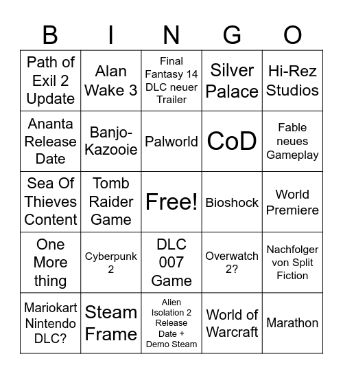 Gamescom Opening Night Live Bingo Card