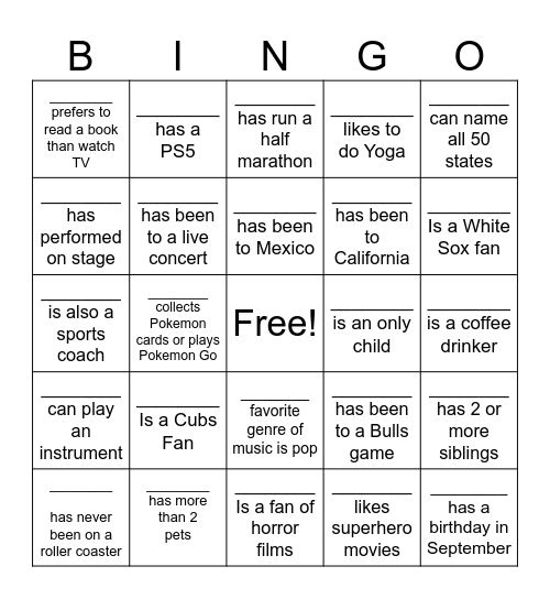 Get To Know You BINGO Card