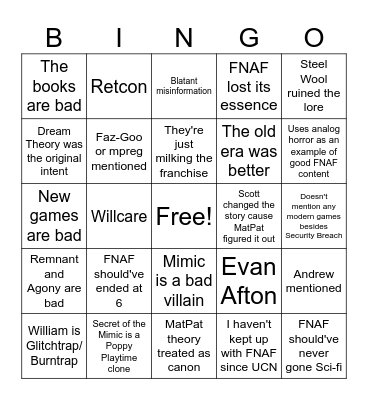 Modern FNAF is bad video Bingo Card