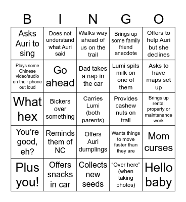 Parents’ Bingo Card