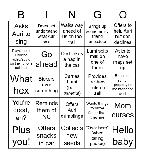 Parents’ Bingo Card