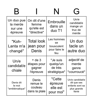 Koh-Lanta All Stars Bingo Card