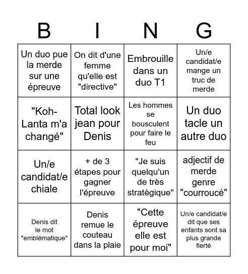 Koh-Lanta All Stars Bingo Card