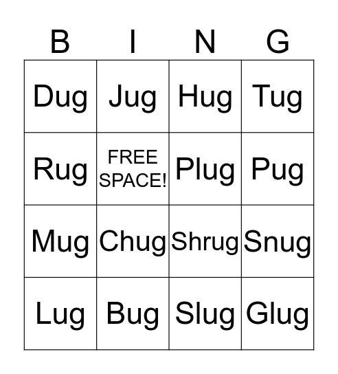 -ug Word Family Bingo Card