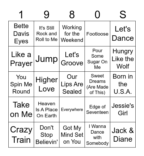 1980s Bingo Card