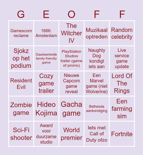 Opening Night Live Bingo Card
