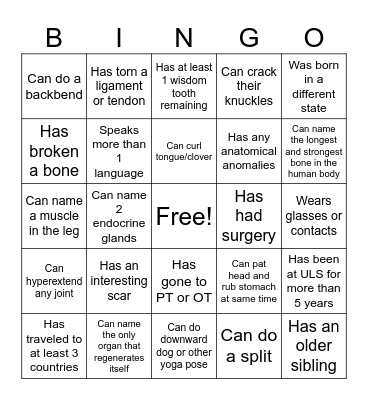 Human Anatomy Bingo Card