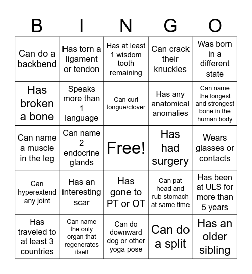 Human Anatomy Bingo Card