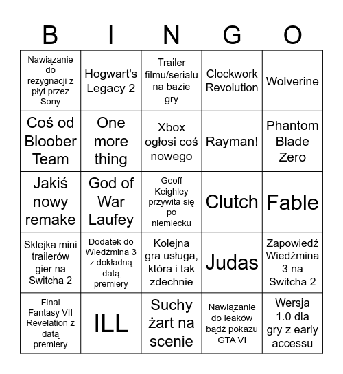 Gamescom Opening Night Live 2026 Bingo Card