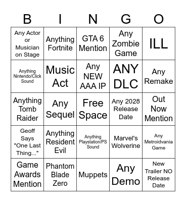 gamescom Opening Night Live 2026 Bingo Card