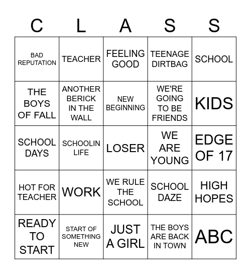 Back To School Bingo Card