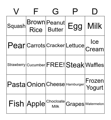 MyPlate Bingo Card