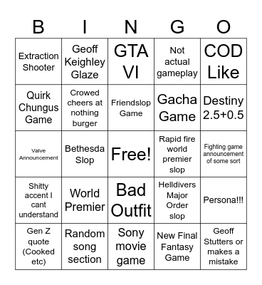 Gameslop 2026 Bingo Card